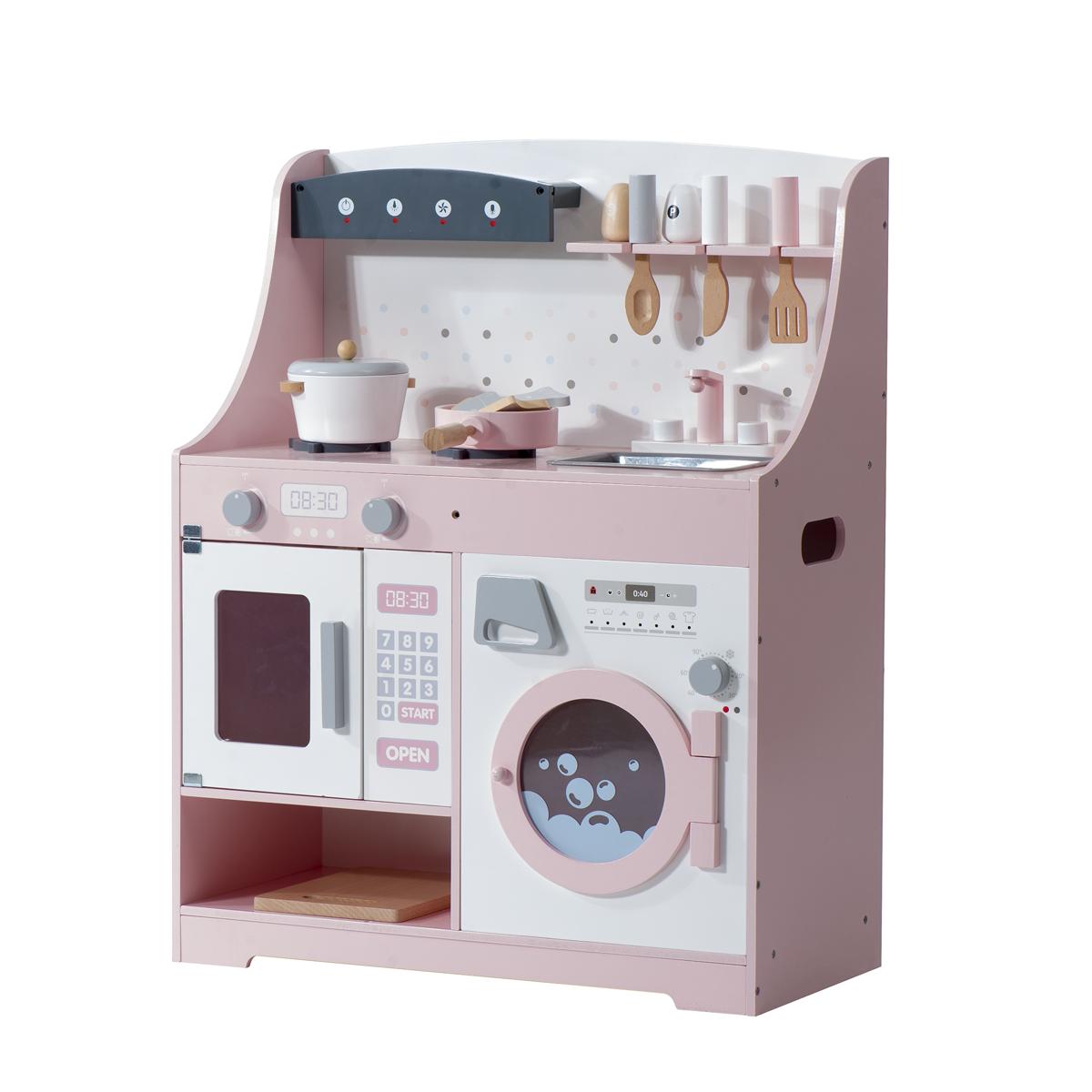 おままごと キッチン 木製 誕生日 台所 洗濯機 調理器具付き 調味料 食材 知育玩具 おもちゃキッチン キッズ ベビー Pink MDF